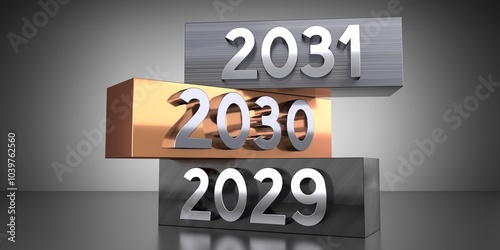 2031, 2030, 2029 - words on metal blocks - 3D illustration