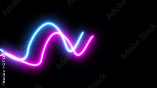 Abstract geometric with colorful glowing wavy line moves on dark background. Looped 3d animation