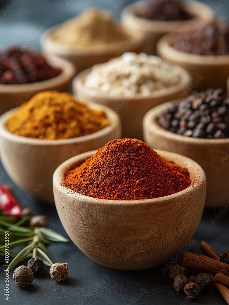 Aromatic spices creating warm atmosphere in wooden bowls Aromatic spices creating warm atmosphere in wooden bowls