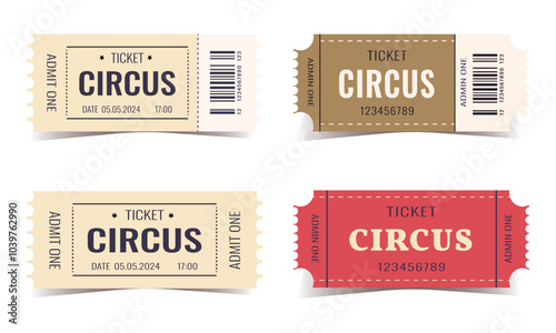 Circus tickets isolated on white background. Set of different Ticket Vector design options, circus, performance, popcorn, play, festival, event, concert Ticket realistic template.  icon for website.