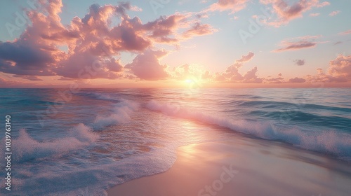 Serene sunset over gentle ocean waves at the beach.