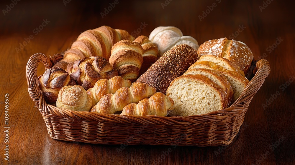 Variety of fresh baked bread in wicker basket on wooden table Variety of fresh baked bread in wicker basket on wooden table