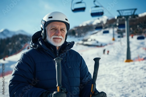 Senior man wearing a ski helmet is holding ski poles on a ski slope