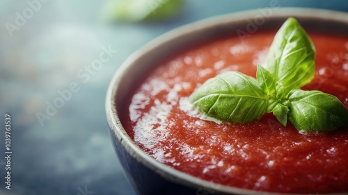 Bowl of tomato soup garnished with fresh basil leaves