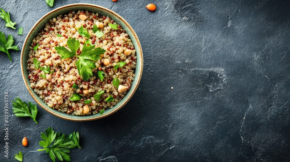 Bowl of quinoa salad garnished with parsley on dark background