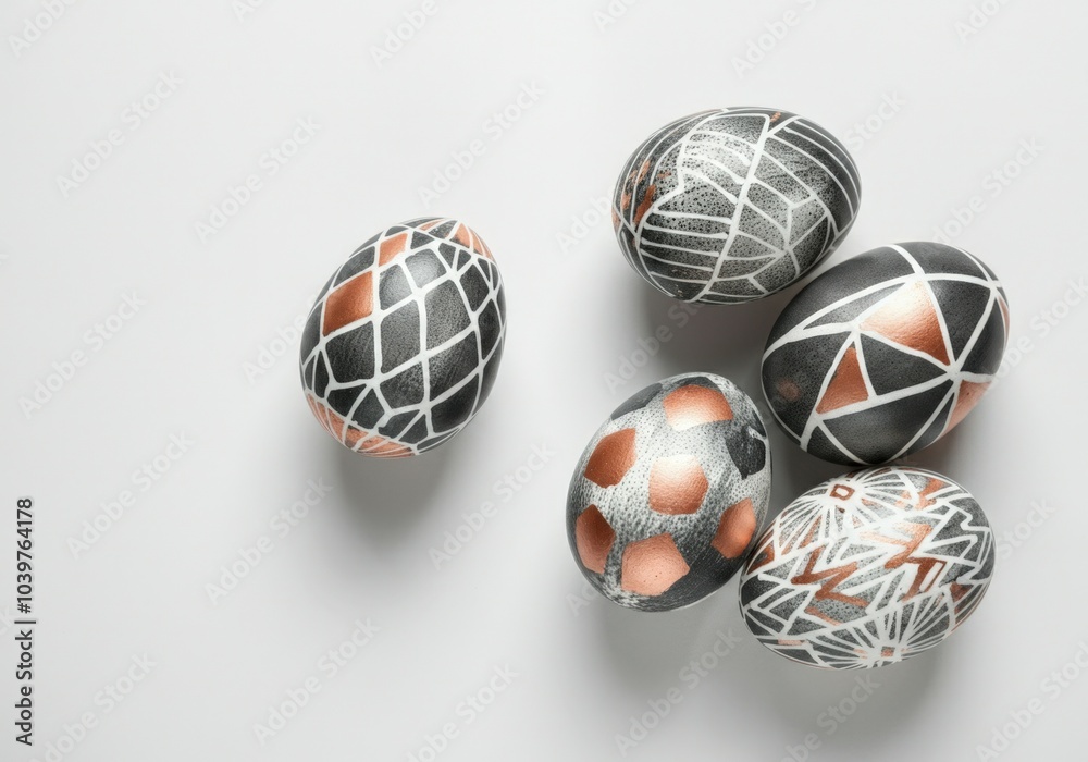 Easter eggs decorated with modern geometric patterns are lying on a white surface