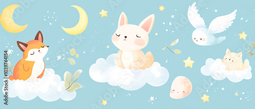 Adorable Animals Sleeping on Clouds with Stars and Moon Illustration, Adorable Animals Sleeping on Clouds with Stars and Moon Illustra