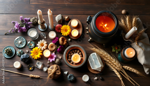 amulets, flowers, candles, witchcraft items, witch cauldron, wheat ears, crystals on table. magic Esoteric Ritual for Lammas, Lughnasadh. energy healing spiritual practice. top view isolated with wh photo