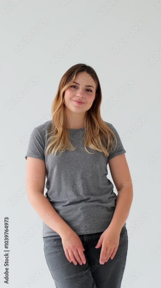 Portrait of a happy and shy Caucasian young adult woman looking at camera, standing on white background. People uniqueness and difference. Vertical video. Portrait of a happy and shy Caucasian young adult woman looking at camera, standing on white background. People uniqueness and difference. Vertical video.