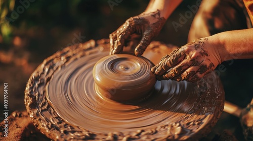 An artistic pottery workshop with clay and tools, Pottery wheel spinning with creative energy, Craft-inspired style photo