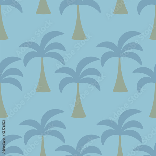 Delicate tropical pattern. Repeating vector ornament of blue palm trees. Isolated blue background. Flat style. Seamless print of exotic plants. Idea for web design.