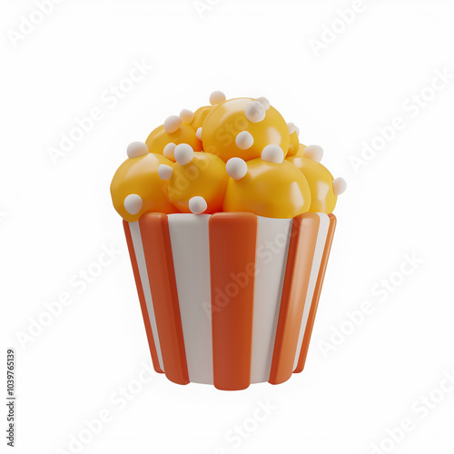 Popcorn 3d icon in cartoon style on white background.  Delicious popcorn bucket in 3D illustration style.