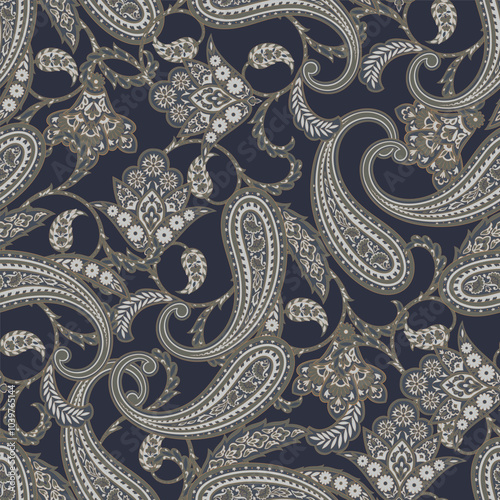 Turkish Cucumber Paisley. Seamless vector pattern in traditional oriental style with flowers, leaves and fantasy elements. Fabric and wallpaper cover