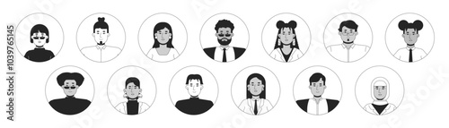 Multi-ethnic office workers black and white 2D vector avatars illustration set. Diverse women men outline cartoon character faces isolated. Employees smart casual flat user profile images collection