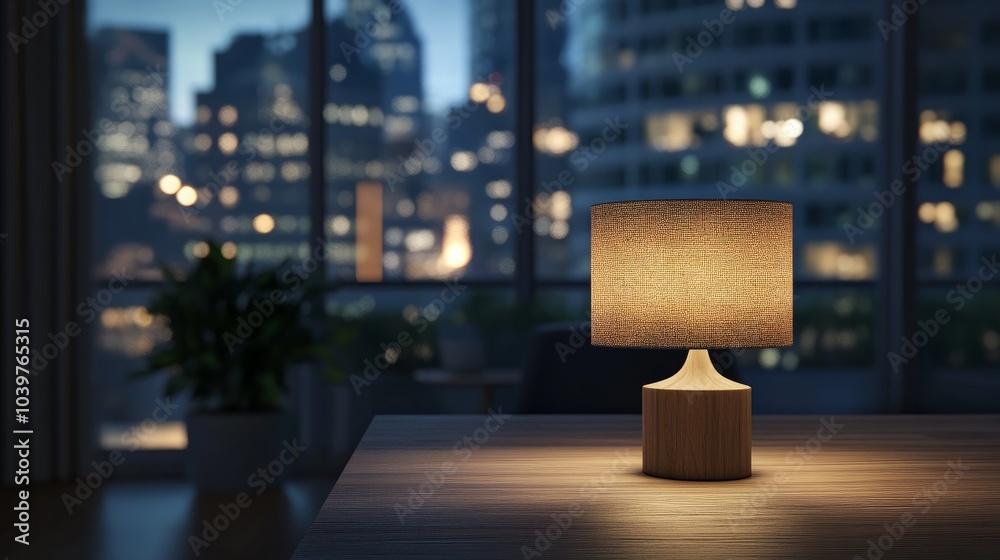 Close-up of a copy area for your product display in a contemporary, dark office at night. The area is situated on a hardwood table near the window and has a table lamp. 3D modeling and rendering
