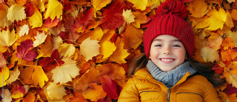 Happy Girl Lying In Colorful Autumn Leaves Happy Girl Lying In Colorful Autumn Leaves