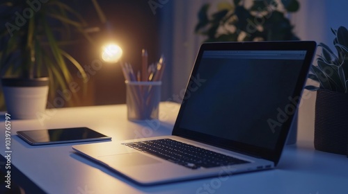 close-up of a laptop open on a white surface. A tablet PC, a smartphone, pencil holders, and paper graphics are all close by. Houseplants and a shadowy wall are in the backdrop. Workplace empty.