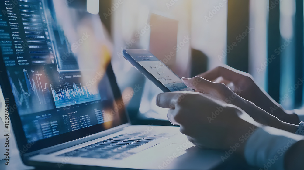 Close-up of hands holding a smartphone while working on a laptop displaying financial graphs, representing technology, finance, and data analysis in a modern office setting Close-up of hands holding a smartphone while working on a laptop displaying financial graphs, representing technology, finance, and data analysis in a modern office setting