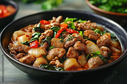 Spicy thai basil pork stir fry with garlic pepper and onion