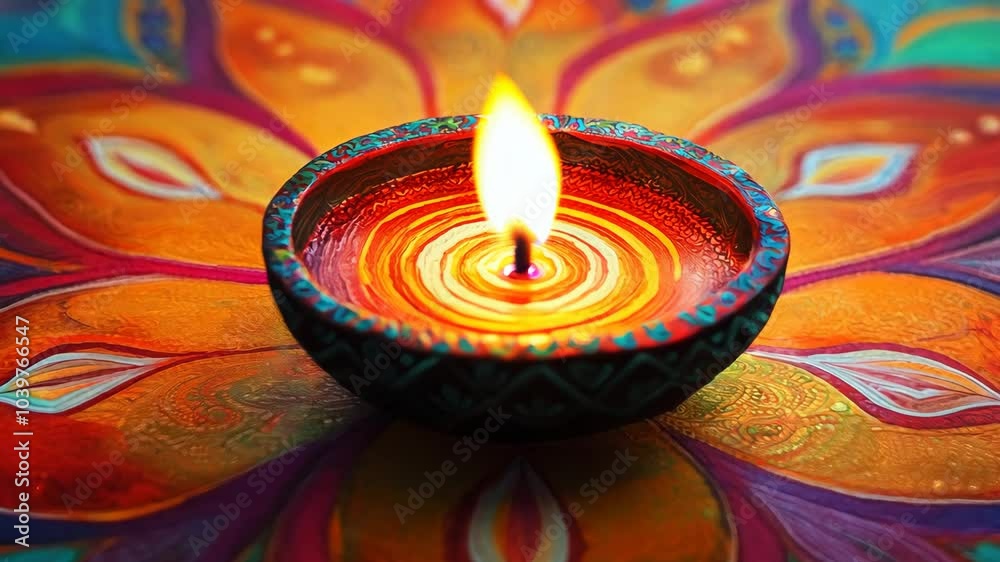A candle is lit in a bowl on a colorful background A candle is lit in a bowl on a colorful background