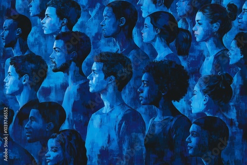 A crowd of people in shades of blue, representing the diverse audience illustration of differentcolored human. concept on the theme of racism photo