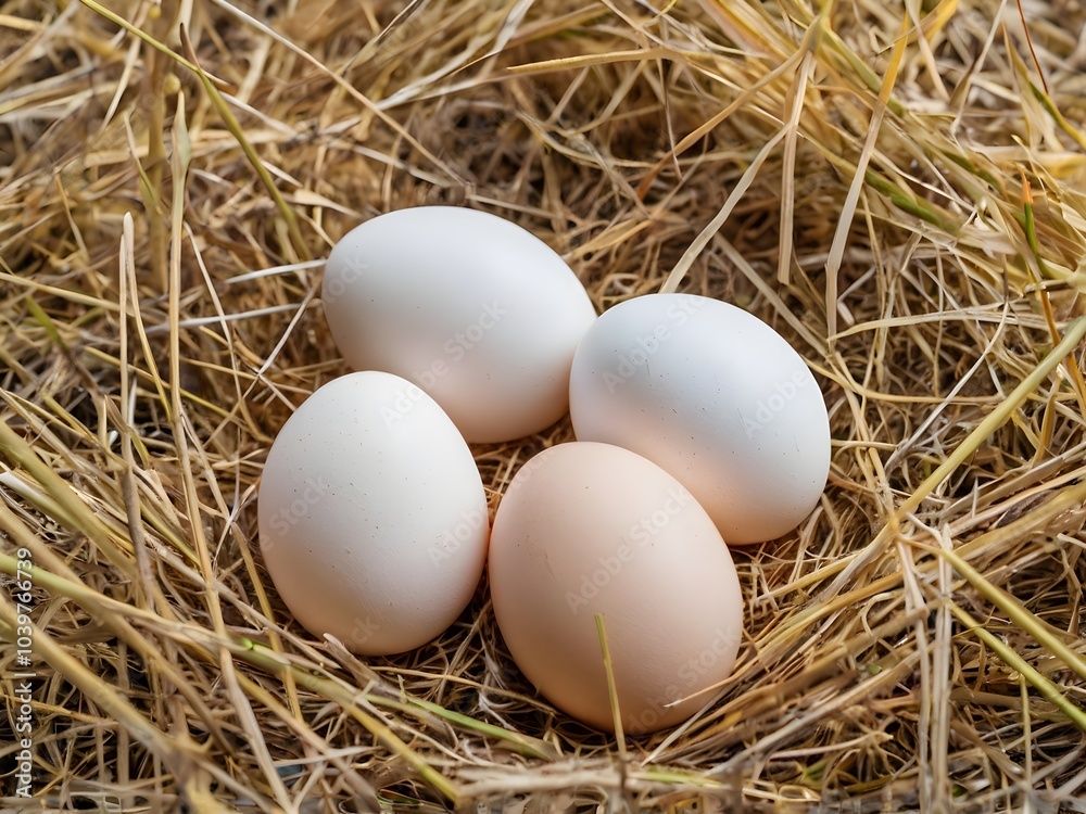 White chicken eggs arranged in a nest of straw grass. White chicken eggs arranged in a nest of straw grass.