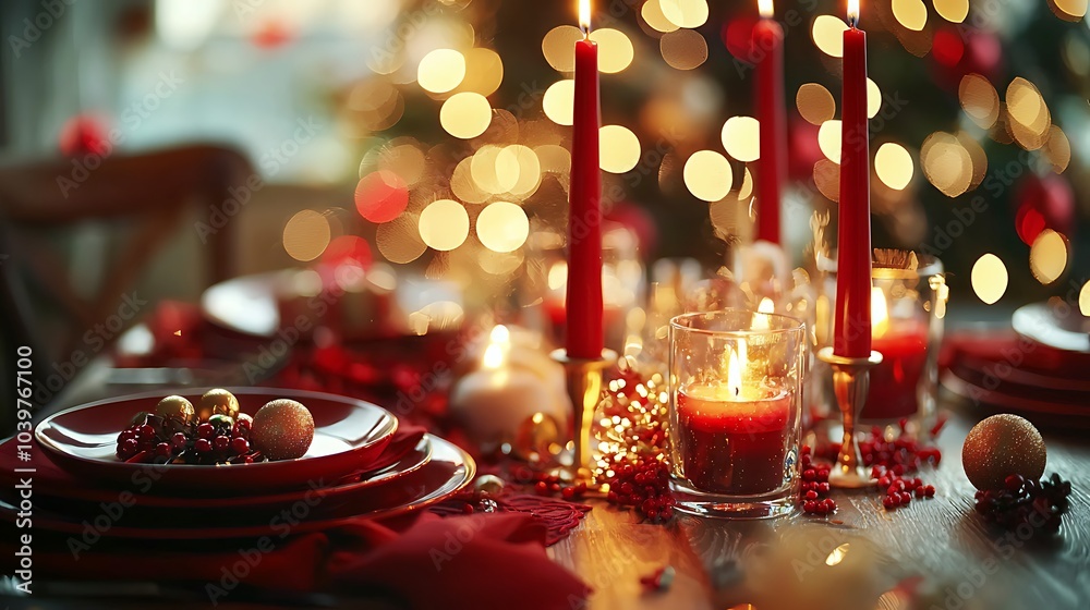 Candles Glow Brightly on a Festive Table Setting with Red Plates and Ornaments Candles Glow Brightly on a Festive Table Setting with Red Plates and Ornaments