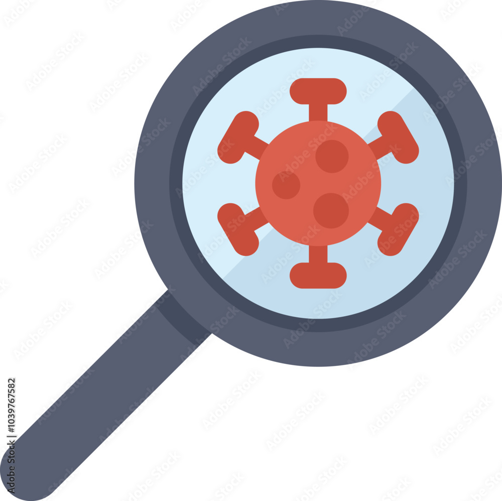 This vector illustration shows a magnifying glass focusing on a virus, representing virus research This vector illustration shows a magnifying glass focusing on a virus, representing virus research