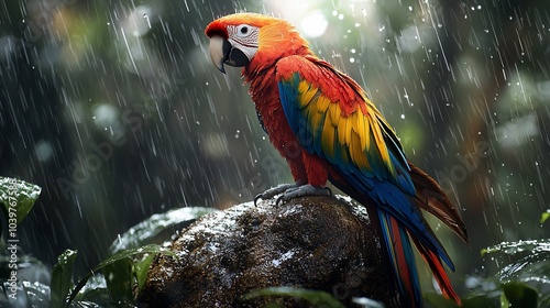 A scarlet macaw perches on a rock in a tropical rainforest during a downpour. photo