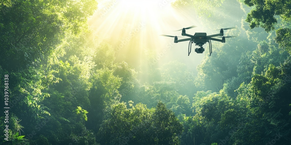 Naklejka premium A drone replanting trees in a recovering forest, with sunlight breaking through the canopy