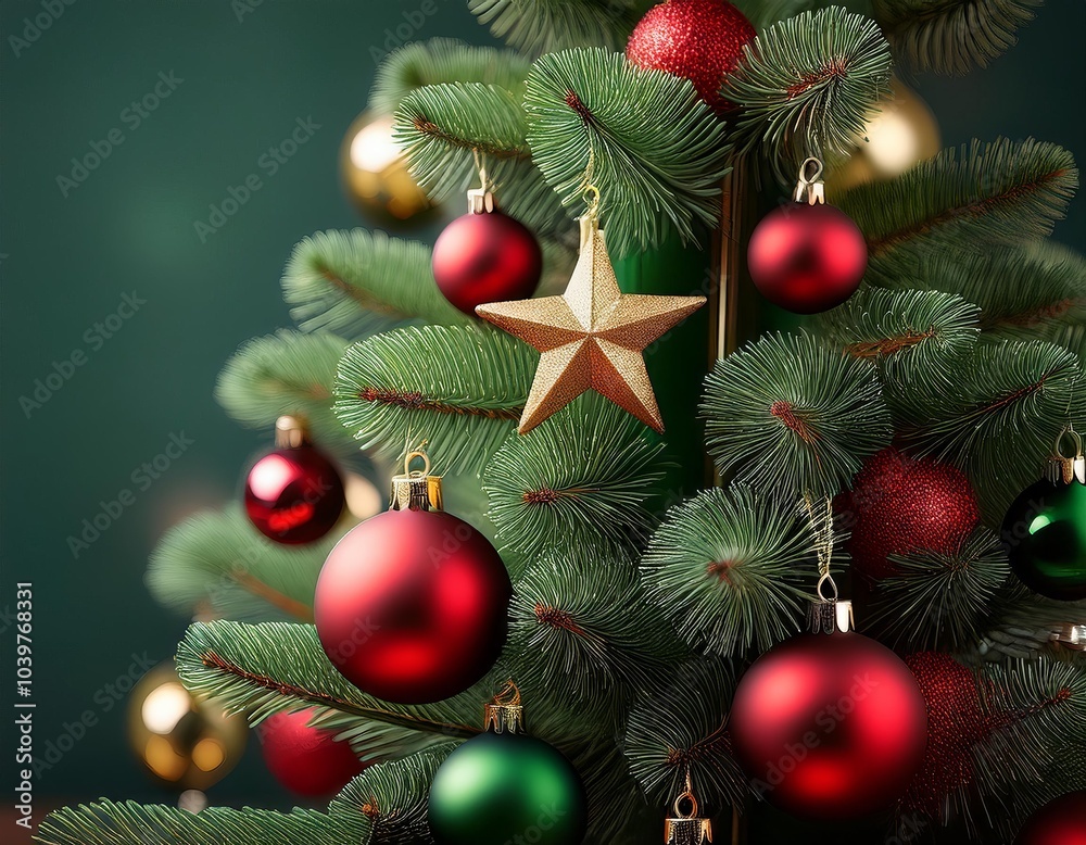 Decorated Christmas tree with red baubles and stars on a dark green background Decorated Christmas tree with red baubles and stars on a dark green background