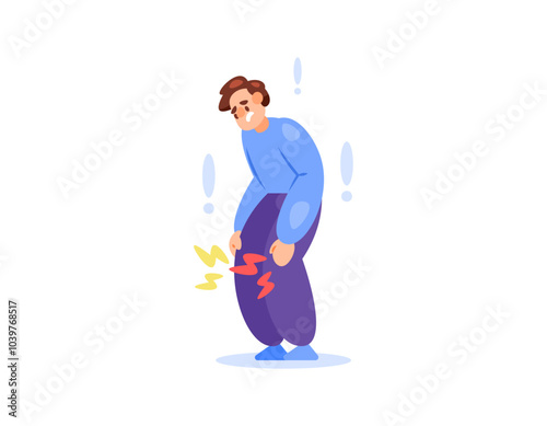 illustration of man feeling pain in knee due to injury or arthritis. knee pain when standing or walking. muscle, bone and joint health problems. flat style character design. elements