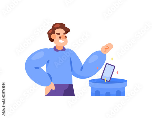 illustration of man throwing smartphone into trash. getting rid of or throwing away cellphone. refusing and not liking to use cellphone. flat style character design. element