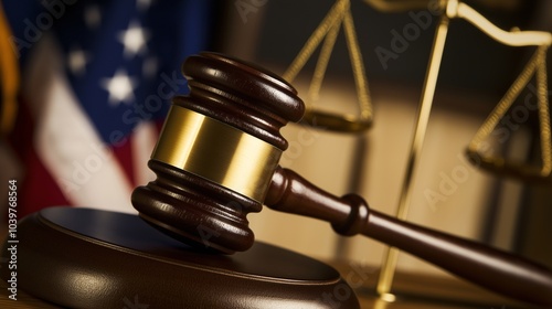Gavel of Justice: A wooden gavel with a golden band rests on a block, symbolizing the power and authority of the law.  A blurred American flag and scales of justice provide a backdrop.