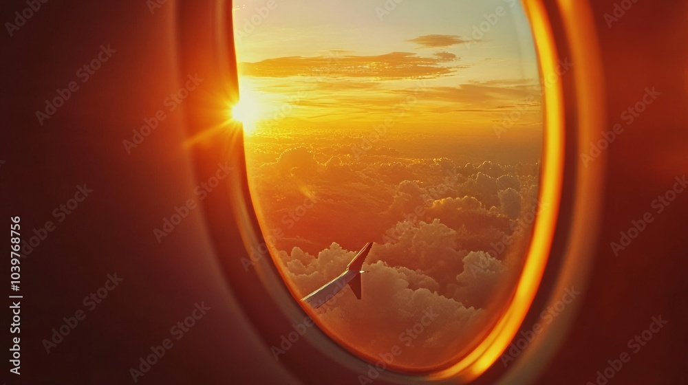 Aerial view from an airplane window, showcasing a beautiful orange sunset sky. Inside the plane, a passenger looks out at the yellow sunrise clouds. Perfect for travel, business trips, or vacations. Aerial view from an airplane window, showcasing a beautiful orange sunset sky. Inside the plane, a passenger looks out at the yellow sunrise clouds. Perfect for travel, business trips, or vacations.