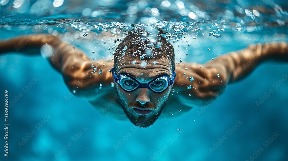 Naklejka premium Underwater Swimmer with Goggles Pool Water Sports Blue Man Athlete Fitness Exercise Training