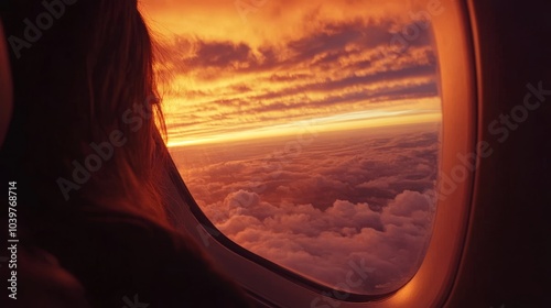 Aerial view from an airplane window, showcasing a beautiful orange sunset sky. Inside the plane, a passenger looks out at the yellow sunrise clouds. Perfect for travel, business trips, or vacations.