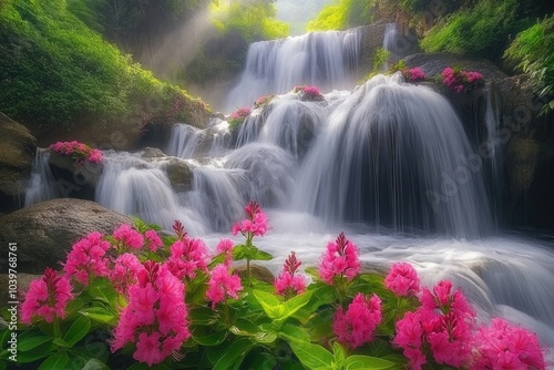 Mundang Waterfall with Pink Snapdragon in Thailands National Park photo