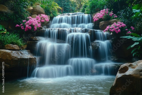 Mundang Waterfall with Pink Snapdragon in Thailands National Park photo