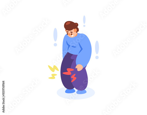 illustration of man feeling pain in knee due to injury or arthritis. knee pain when standing or walking. muscle, bone and joint health problems. flat style character design. elements
