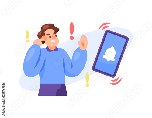 illustration of a man who is disturbed by the sound and vibration of a smartphone. disturbed by a cellphone alarm. rejecting and not liking to use a cellphone. flat style character design. elements