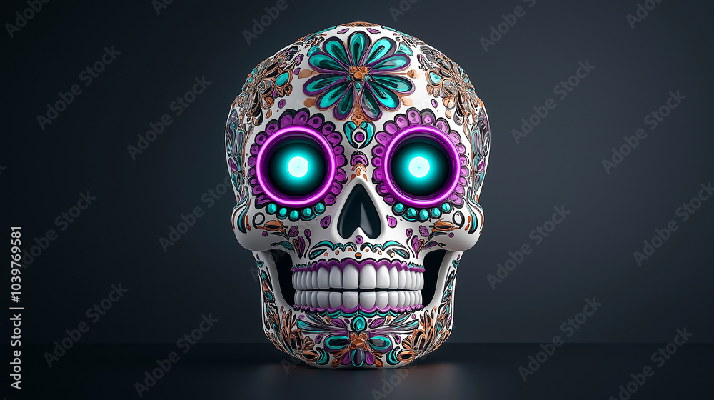 Vivid sugar skull with intricate floral designs and neon purple and teal accents, showcasing vibrant colors and artistic details. This striking piece embodies cultural significance and creativity Vivid sugar skull with intricate floral designs and neon purple and teal accents, showcasing vibrant colors and artistic details. This striking piece embodies cultural significance and creativity