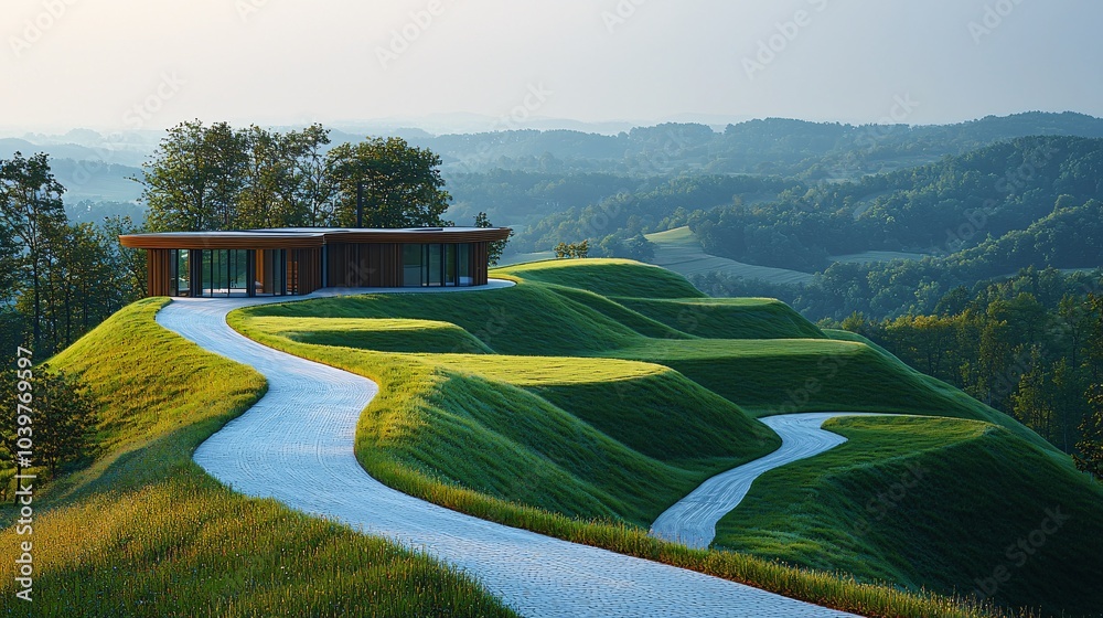 Modern Architecture on Rolling Green Hills Winding Path Nature Landscape Design Modern Architecture on Rolling Green Hills Winding Path Nature Landscape Design
