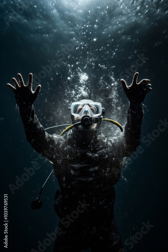 Scuba Diver Gesturing Underwater with Hand Signals