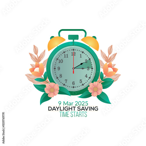 Fall Backward reminder lock back one hour and calendar with date - March 9, 2025 spring forward illustration