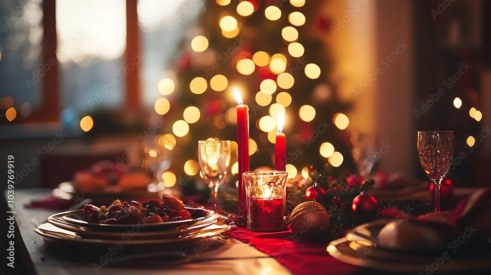 Christmas Table Setting with Candles and Festive Decorations Christmas Table Setting with Candles and Festive Decorations