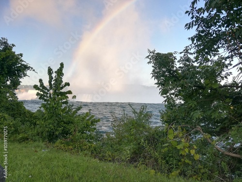 High angle view of rainbow at Niagara Falls with some greenery in the foreground.