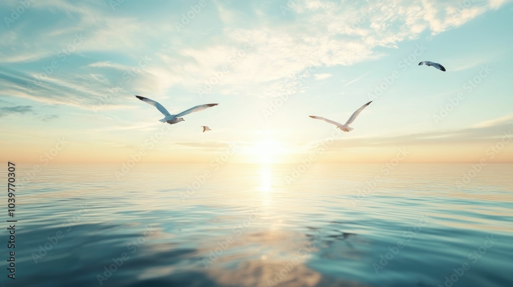 Fototapeta premium Graceful seagulls in flight over a calm reflective ocean at the golden hour of sunrise or sunset Minimal coastal landscape with a serene dreamlike atmosphere