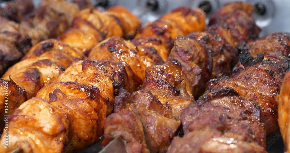 Grilled meat on skewers. Shish kebabs broil on barbecue. Hot delicious shish kebabs. Meat are cooked on hot coals in barbecue, rotates on skewers for roasting. Cinema 4K 60fps video Grilled meat on skewers. Shish kebabs broil on barbecue. Hot delicious shish kebabs. Meat are cooked on hot coals in barbecue, rotates on skewers for roasting. Cinema 4K 60fps video