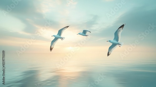 Graceful Seagulls Soaring in the Sky over a Calm Reflective Ocean Backdrop with Soothing Pastel Coastal Tones and Ethereal Lighting
